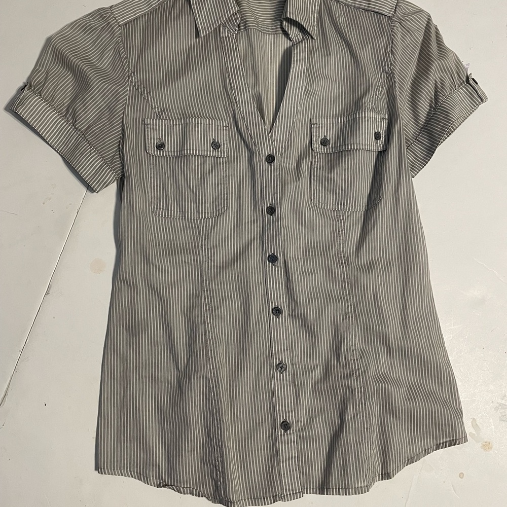 Expressoe sign studio Women’s top/blouse,short sleeves,white / gray pinstriped M - Picture 11 of 12